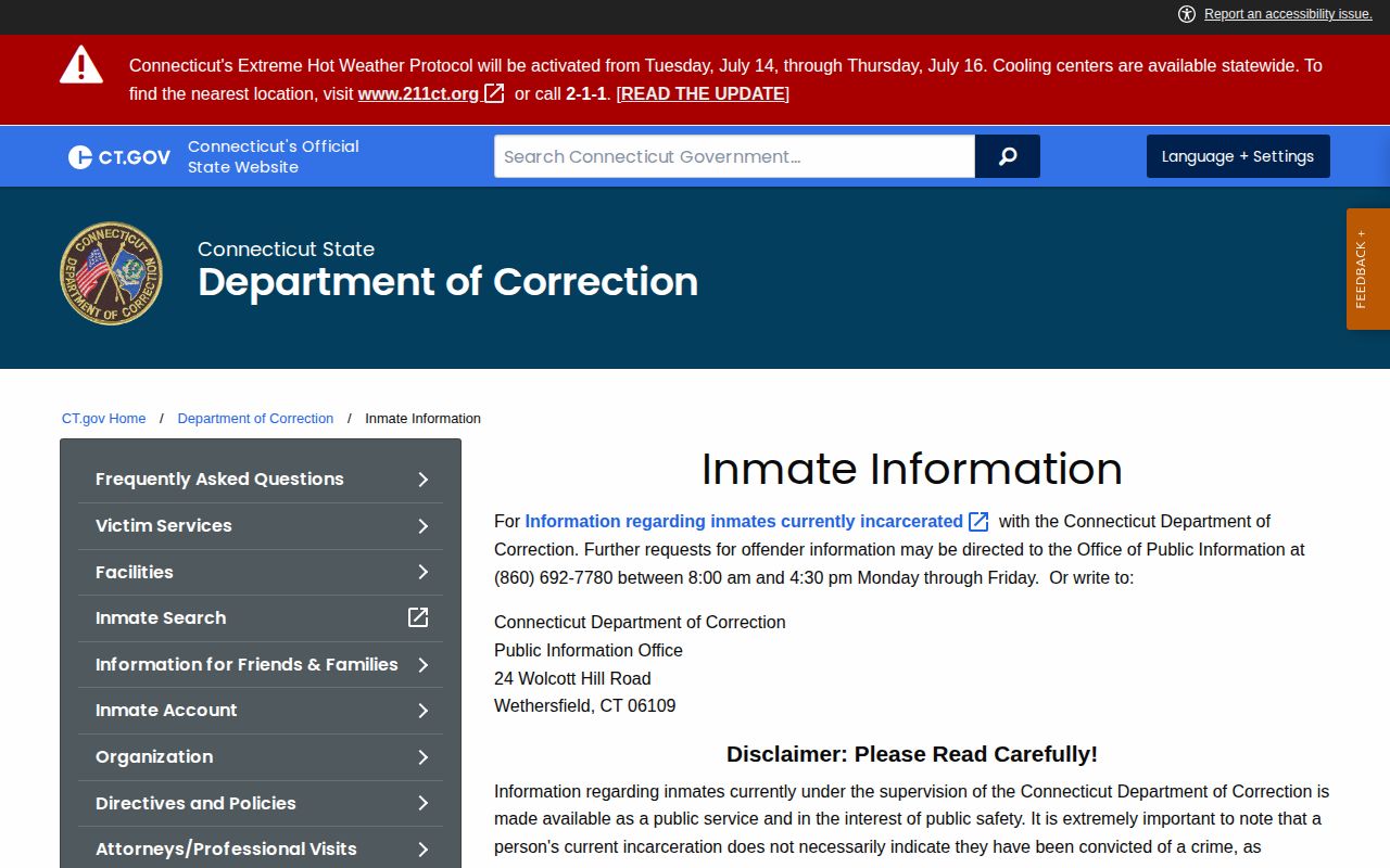 CT DOC public information for Hartford 24-hour release verification