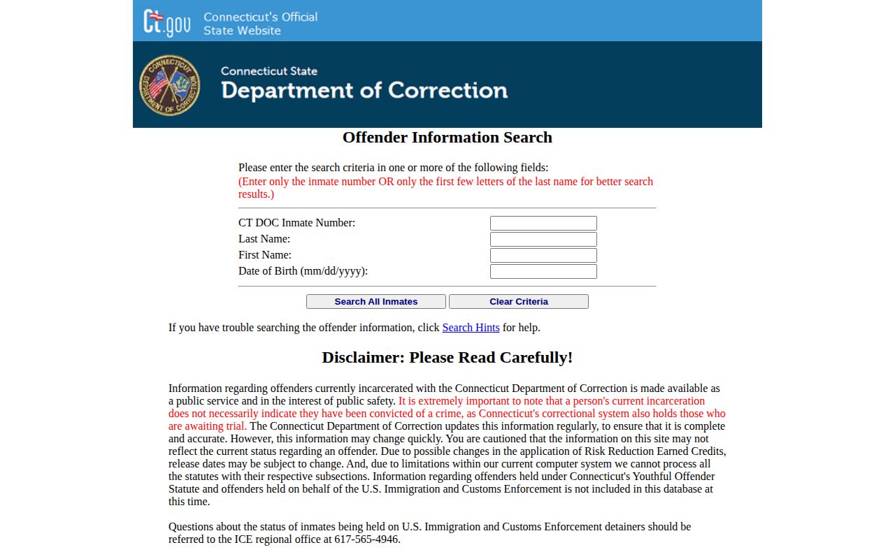 Hartford County released inmate CT DOC record search