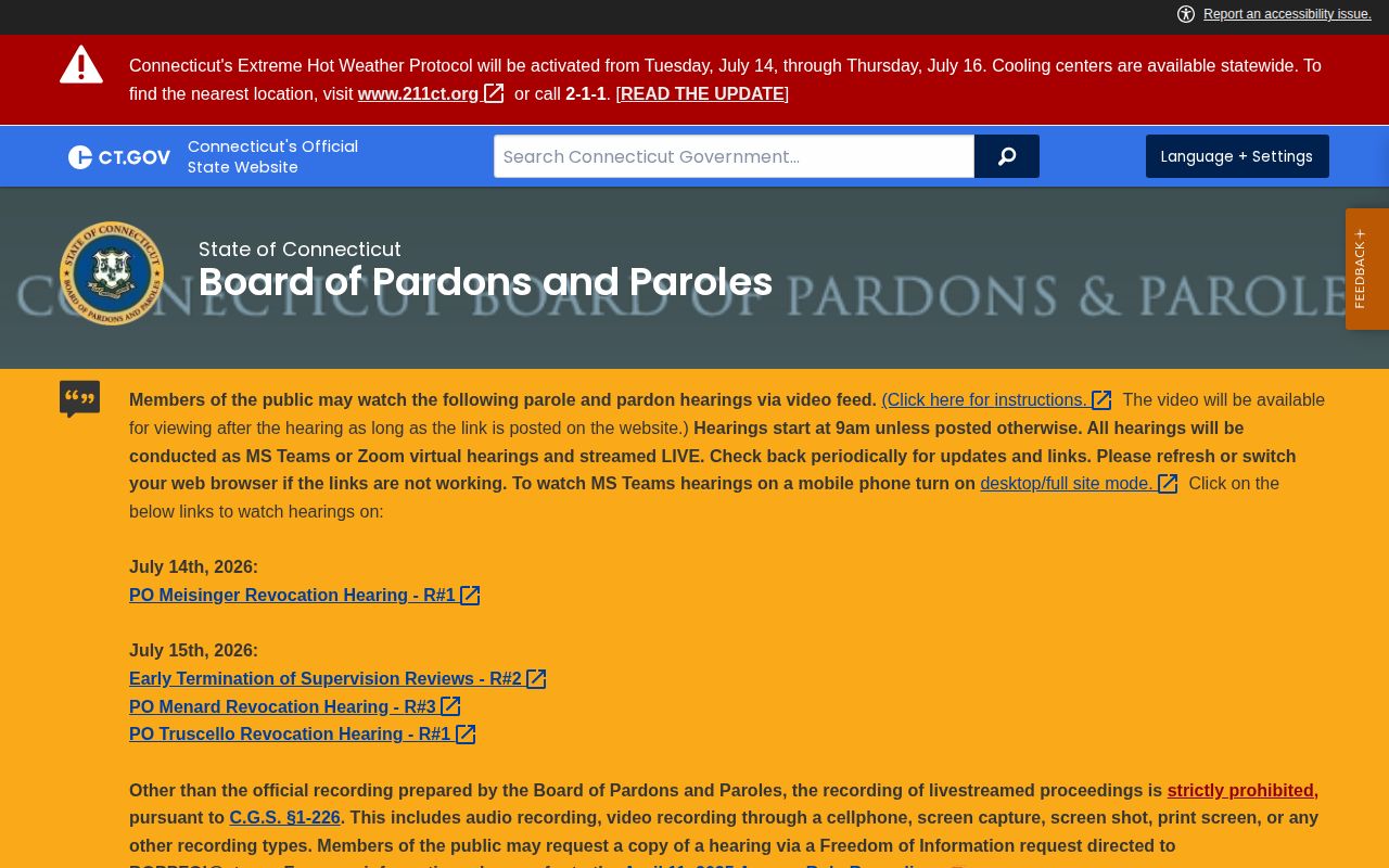 Hartford parole and probation hearing calendar records