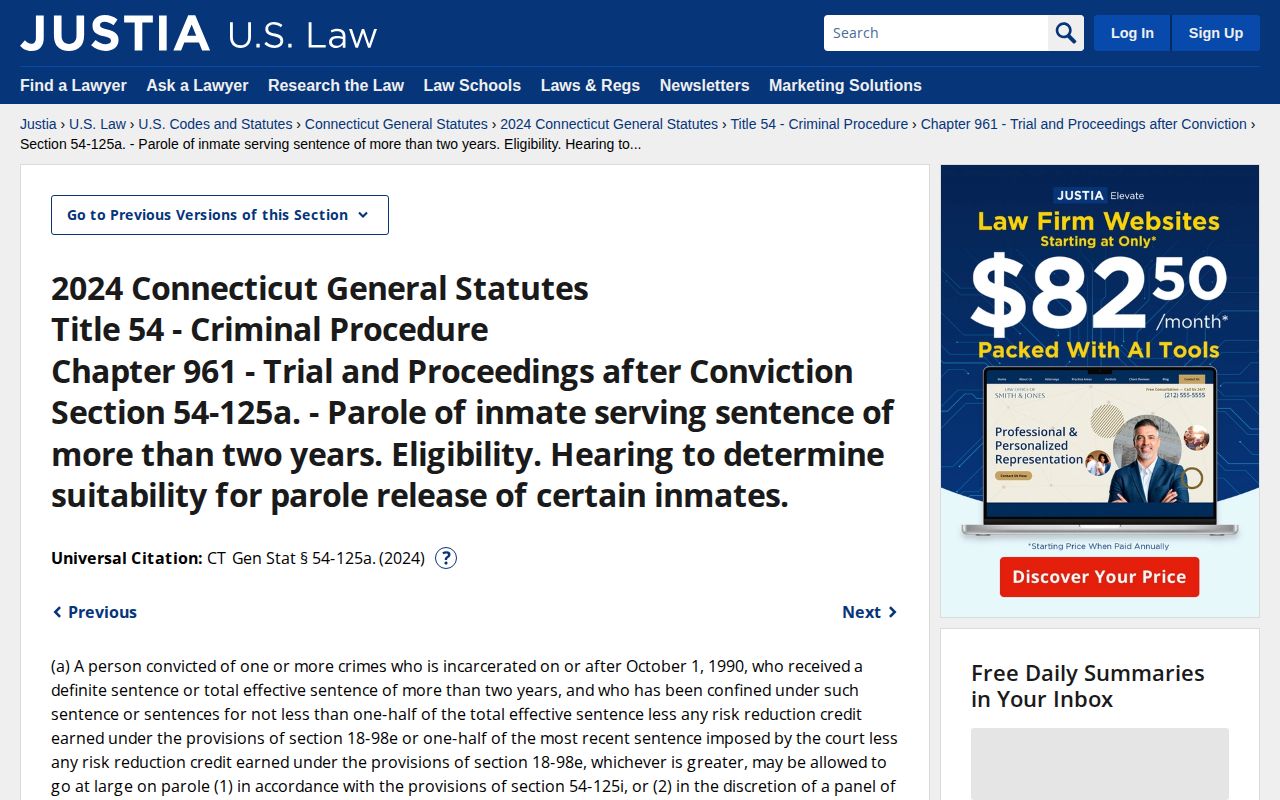 Hartford projected release date and Connecticut parole eligibility statute