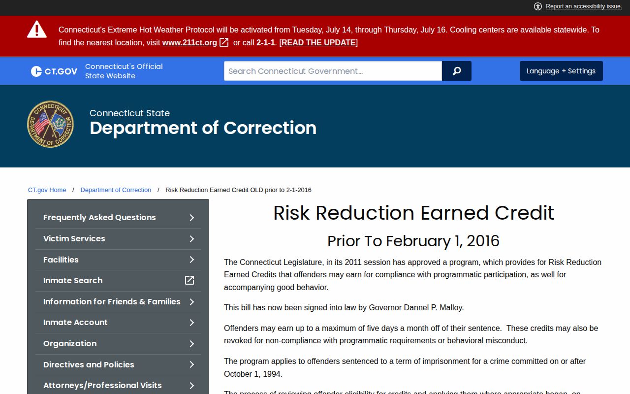 Hartford projected release date and CT DOC earned credit rules