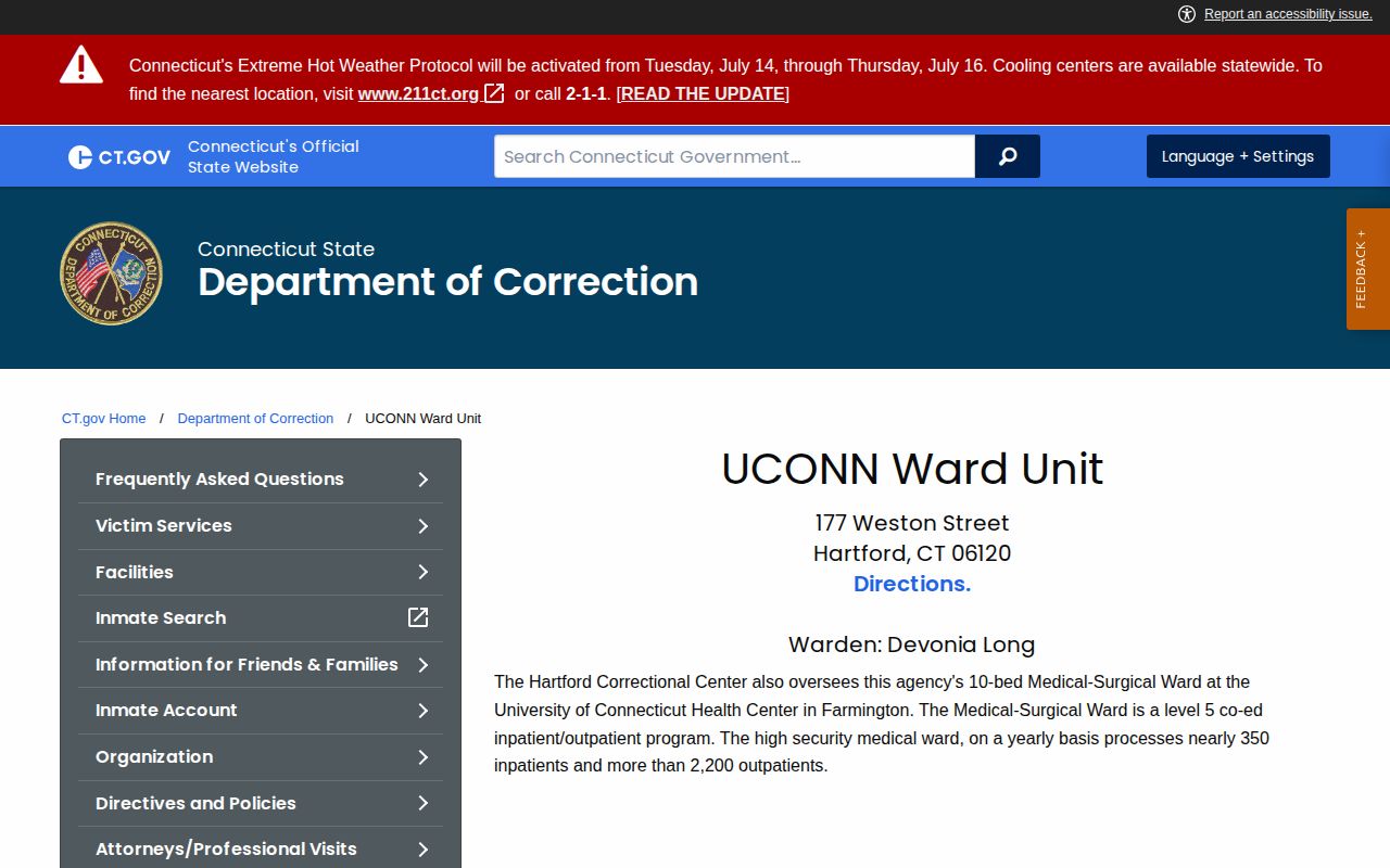 CT DOC Medical-Surgical Ward at UConn Health custody and release information