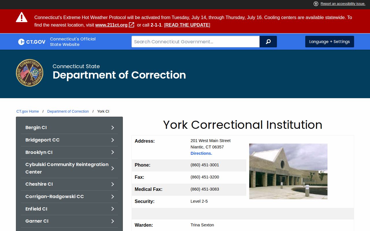 York Correctional Institution Hartford release and CT DOC custody records
